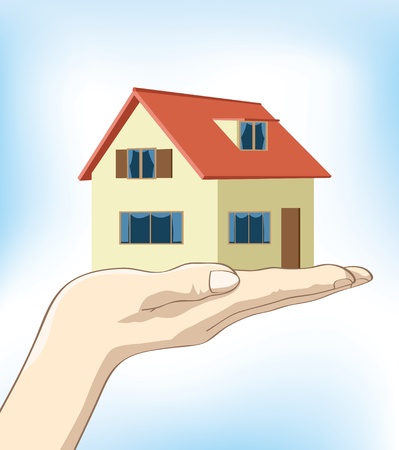 12488204 - image of a hand holding up a house on nice clear blue background.